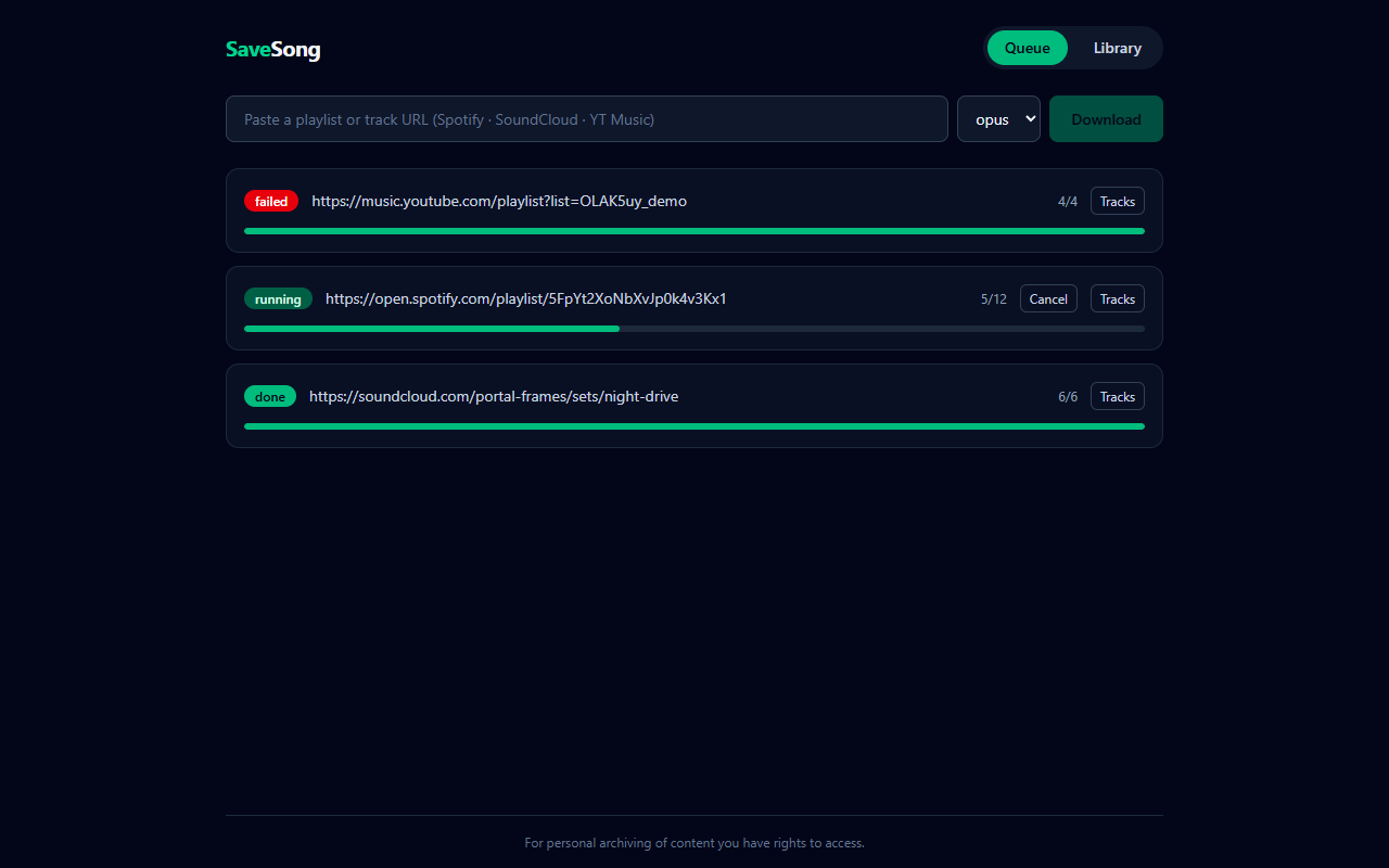 Queue tab with running, done, and failed job cards